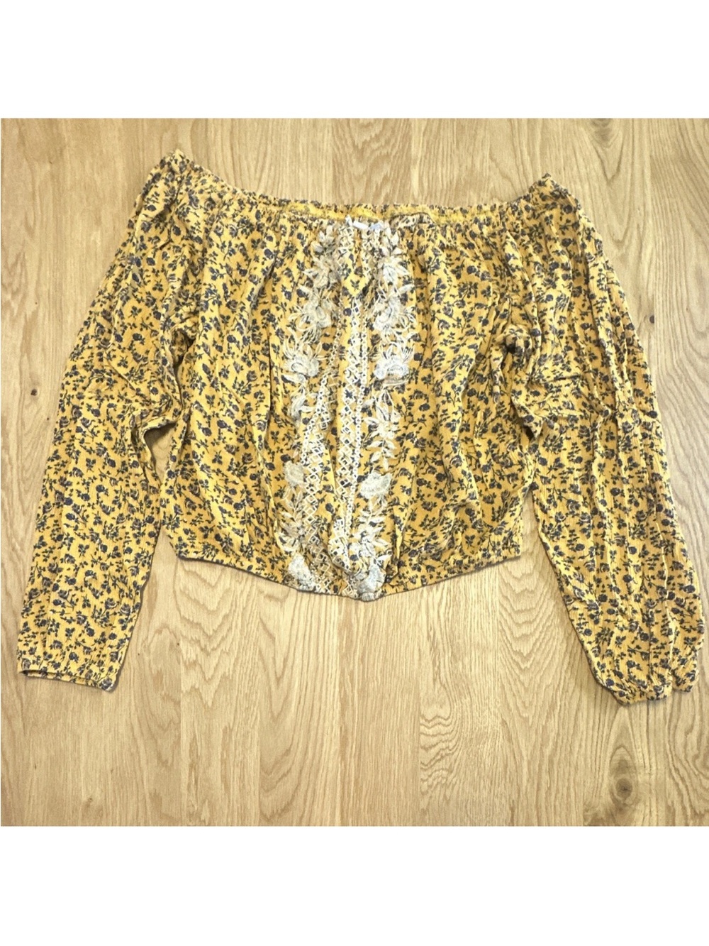 Jolt M Yellow Blue Floral Square Neck Peasant Blouse Embroidered Rayon